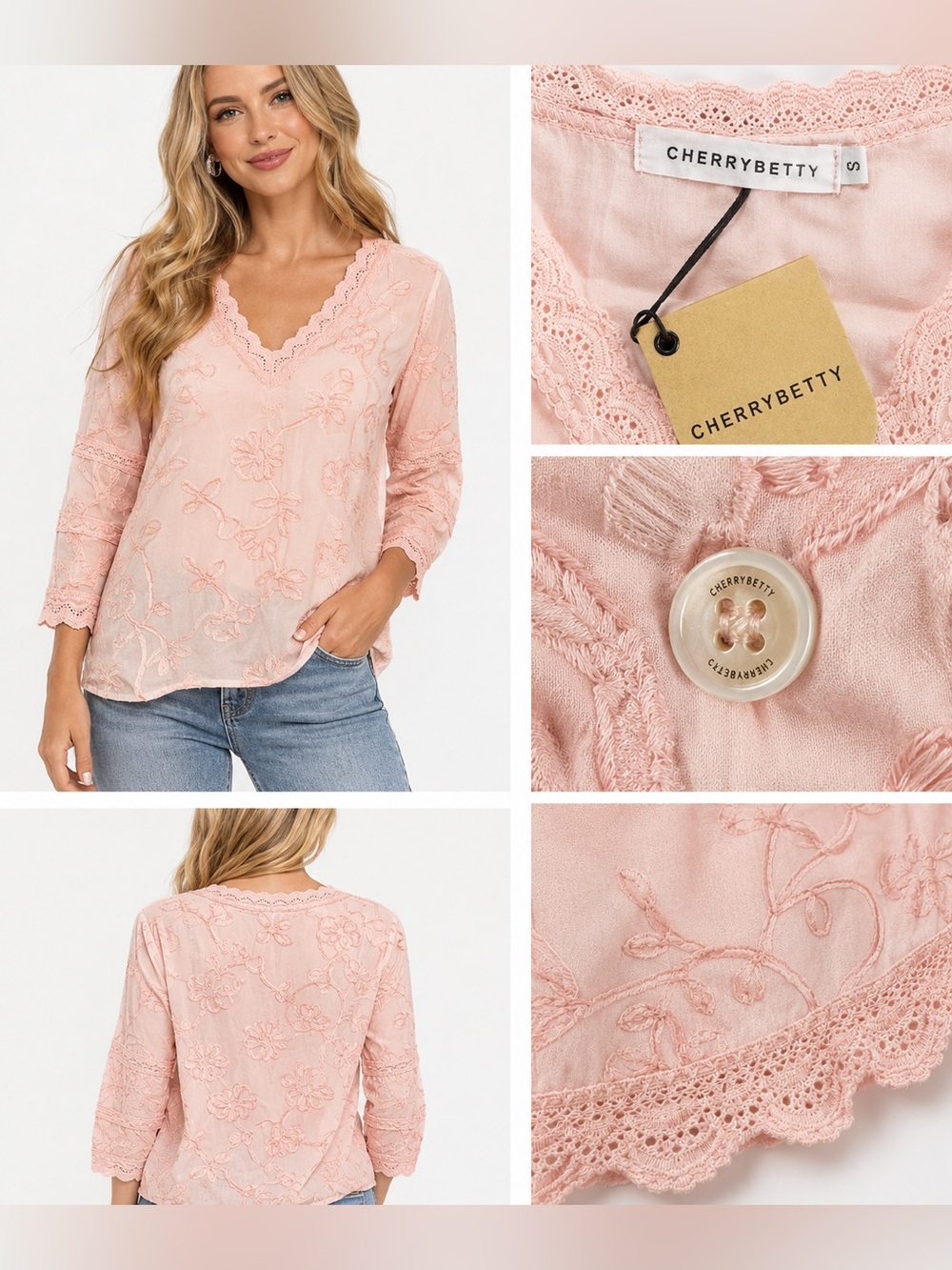 CherryBetty Blush Pink V-Neck Embroidered Lace Tunic Romantic Feminine Boho